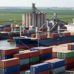 Porto brasileiro com contêineres parados e silos de grãos, ilustrando impacto de conflitos no Oriente Médio na agropecuária.