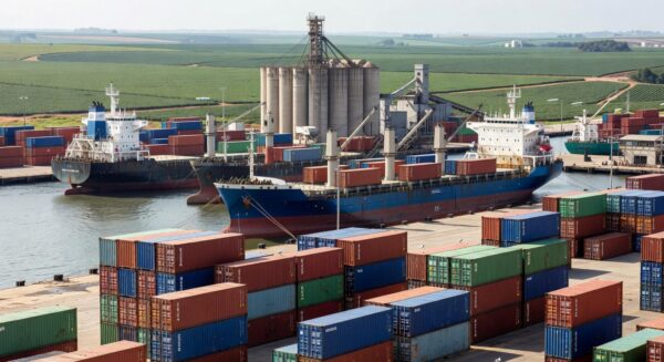 Porto brasileiro com contêineres parados e silos de grãos, ilustrando impacto de conflitos no Oriente Médio na agropecuária.