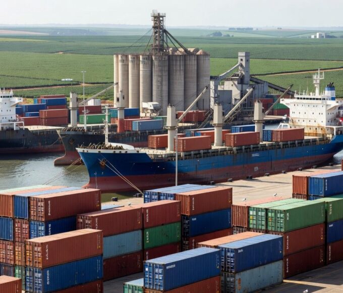 Porto brasileiro com contêineres parados e silos de grãos, ilustrando impacto de conflitos no Oriente Médio na agropecuária.