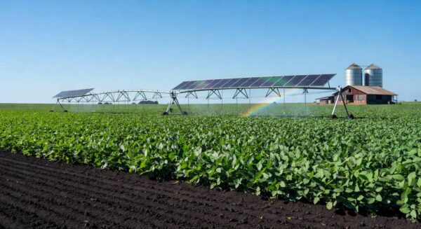 Plantação de soja sustentável em Cascavel, Paraná, com campos verdes e equipamentos ecológicos.