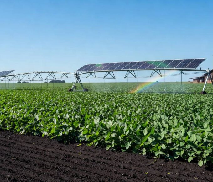 Plantação de soja sustentável em Cascavel, Paraná, com campos verdes e equipamentos ecológicos.
