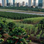 Cafezal urbano no Brasil expandido com mil novas cultivares de café, em estilo fotojornalístico realista.