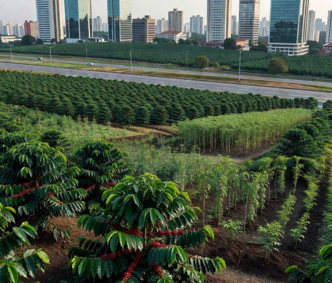 Cafezal urbano no Brasil expandido com mil novas cultivares de café, em estilo fotojornalístico realista.