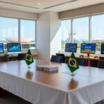 Sala de conferências em Brasília com bandeiras do Brasil, materiais promocionais e elementos de TI e games para o programa Elas Exportam do MDIC e ApexBrasil.
