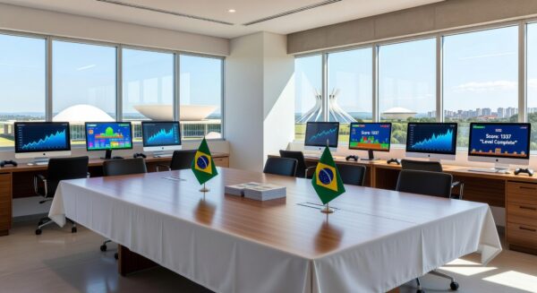 Sala de conferências em Brasília com bandeiras do Brasil, materiais promocionais e elementos de TI e games para o programa Elas Exportam do MDIC e ApexBrasil.