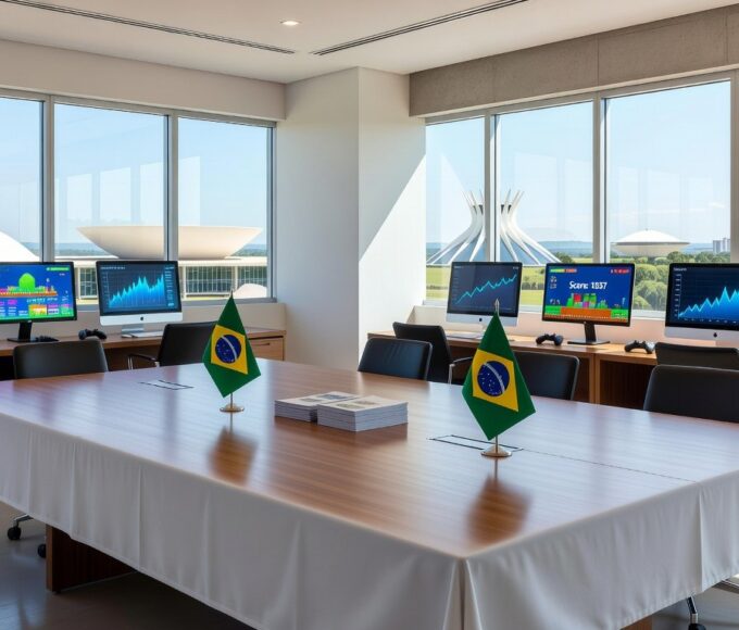 Sala de conferências em Brasília com bandeiras do Brasil, materiais promocionais e elementos de TI e games para o programa Elas Exportam do MDIC e ApexBrasil.