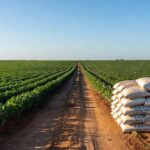 Plantação de soja no Brasil com sacos de fertilizantes, representando comércio internacional sem interferência de guerras.
