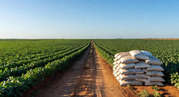 Plantação de soja no Brasil com sacos de fertilizantes, representando comércio internacional sem interferência de guerras.