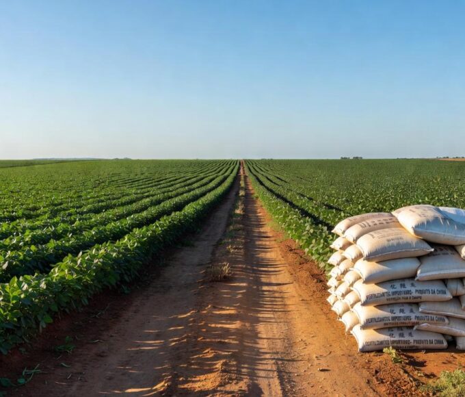Plantação de soja no Brasil com sacos de fertilizantes, representando comércio internacional sem interferência de guerras.