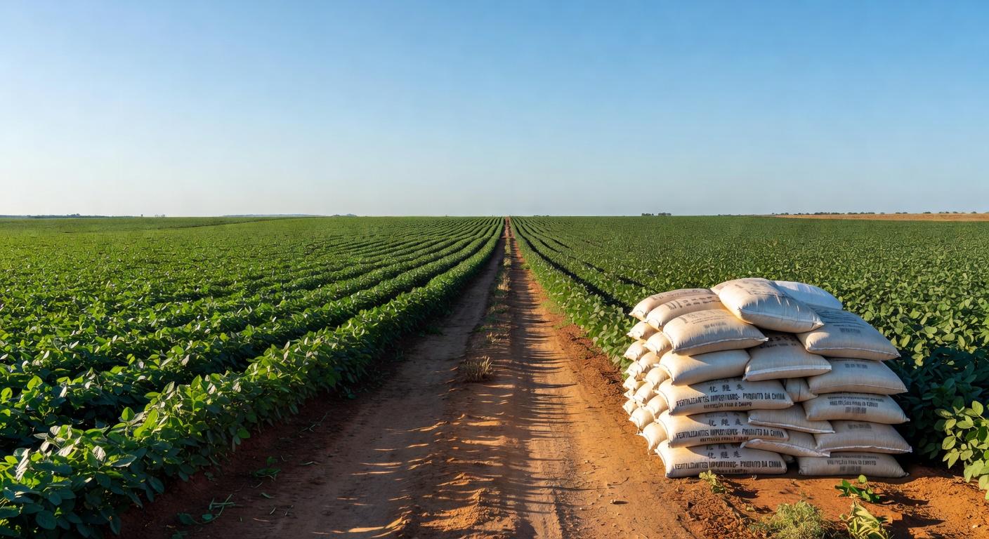 Plantação de soja no Brasil com sacos de fertilizantes, representando comércio internacional sem interferência de guerras.
