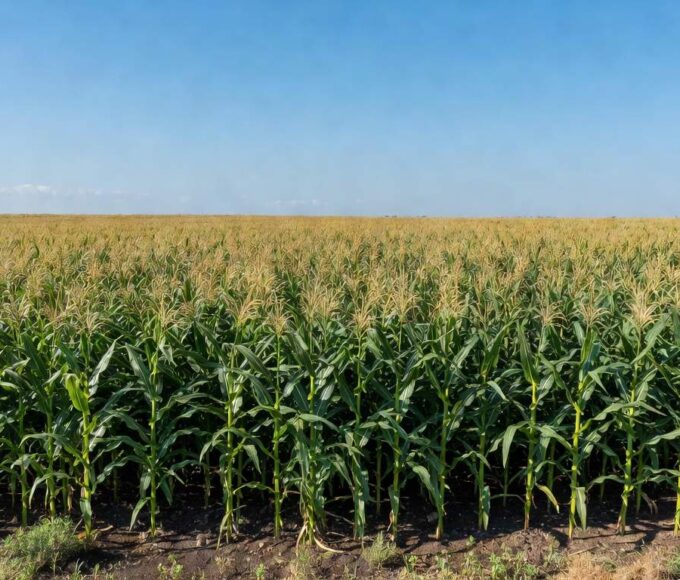 Campos de milho em plantação no Brasil, representando safra agrícola reduzida para 141,71 milhões de toneladas.