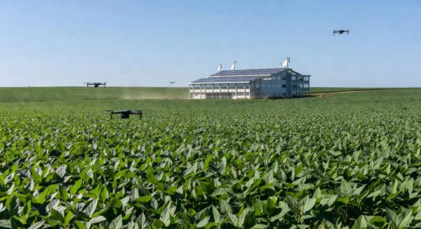 Paisagem rural brasileira com centro de tecnologia agrícola moderna, plantações e drones, representando inovação no campo.
