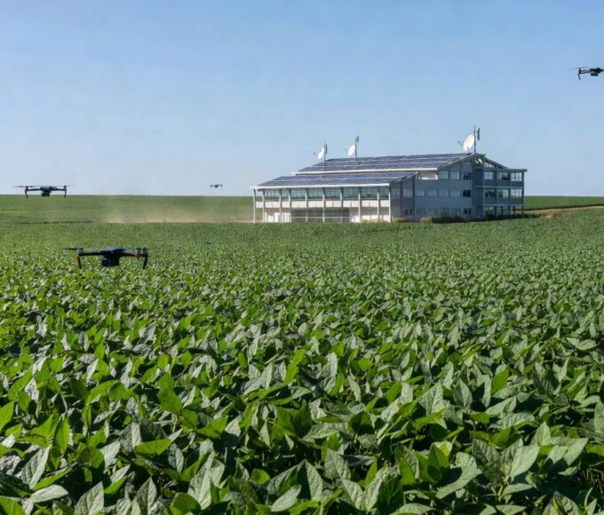 Paisagem rural brasileira com centro de tecnologia agrícola moderna, plantações e drones, representando inovação no campo.