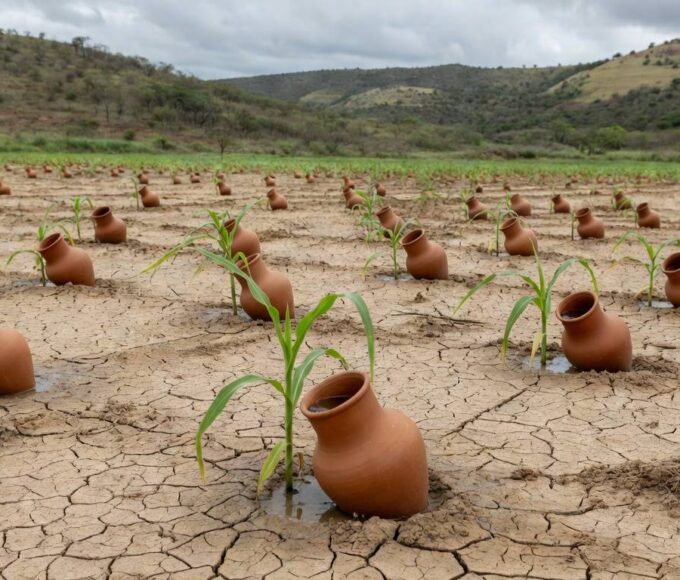 Sistema IrrigaPote da Embrapa em lavoura brasileira durante seca, economizando 90% de água em plantações.