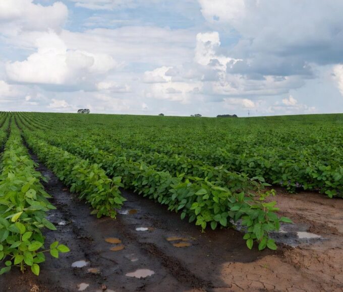 Plantação de soja no Rio Grande do Sul com chuvas irregulares afetando a colheita, em estilo fotojornalístico.