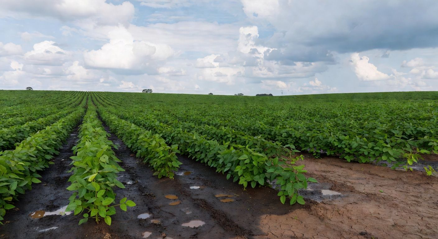 Plantação de soja no Rio Grande do Sul com chuvas irregulares afetando a colheita, em estilo fotojornalístico.