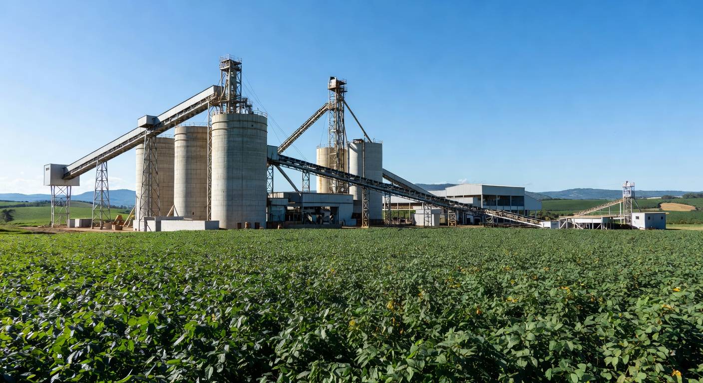 Instalação industrial de esmagamento de soja em Ponta Grossa, com campos de plantação ao fundo.