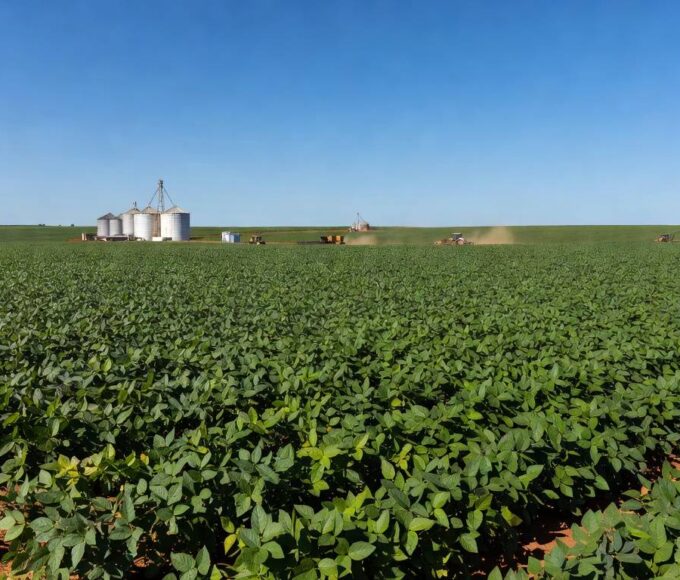 Lavoura de soja no Brasil, simbolizando investimentos e crédito democratizado no agronegócio.