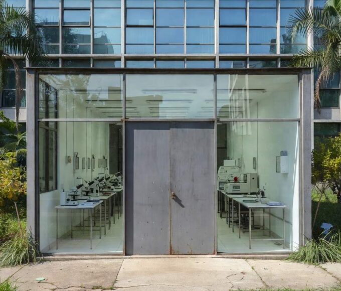 Edifício de instituto de pesquisa em São Paulo com portas fechadas, representando extinção de cargos pelo governo estadual.