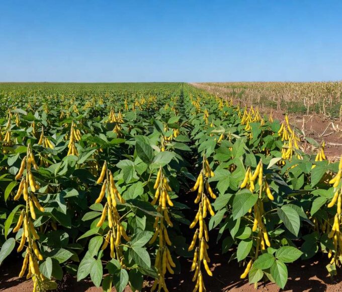 Campo de soja no Brasil com indícios de migração de áreas de milho, representando safra equilibrada.