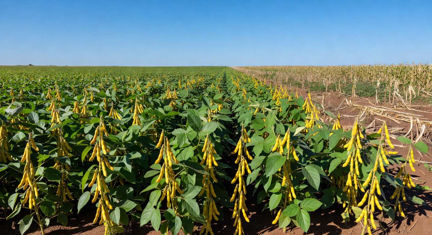 Campo de soja no Brasil com indícios de migração de áreas de milho, representando safra equilibrada.