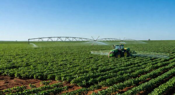 Plantação de soja no Brasil com foco em combate a plantas daninhas, representando indicação ao Prêmio Personagem Soja Brasil da Embrapa.