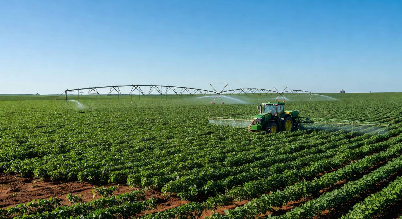 Plantação de soja no Brasil com foco em combate a plantas daninhas, representando indicação ao Prêmio Personagem Soja Brasil da Embrapa.