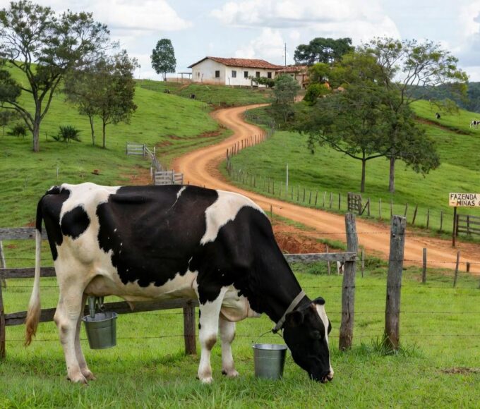 Vaca leiteira em fazenda rural brasileira, ilustrando produção de leite animal.