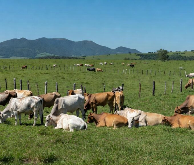 Rebanho de bois em fazenda brasileira, ilustrando alta no mercado de boi gordo apesar de tensões no Oriente Médio.