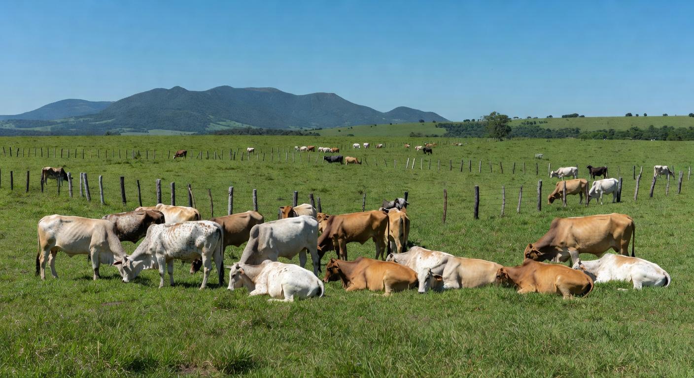 Rebanho de bois em fazenda brasileira, ilustrando alta no mercado de boi gordo apesar de tensões no Oriente Médio.