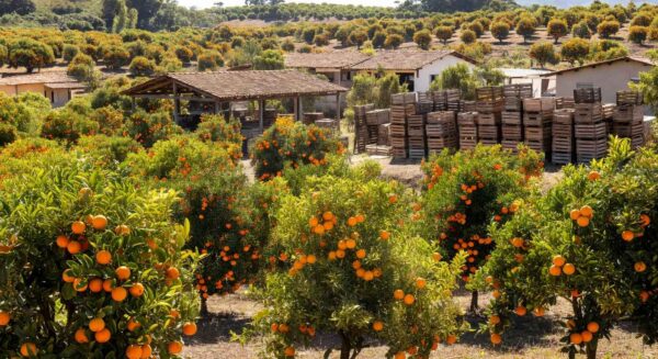 Pomar de laranjeiras no Brasil com frutas maduras e caixas, representando queda em estoques de suco de laranja e projeção de alta.