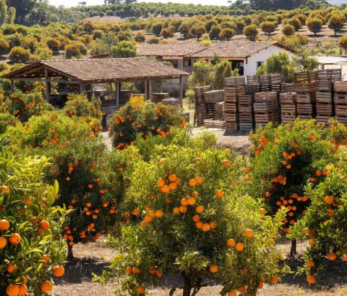Pomar de laranjeiras no Brasil com frutas maduras e caixas, representando queda em estoques de suco de laranja e projeção de alta.