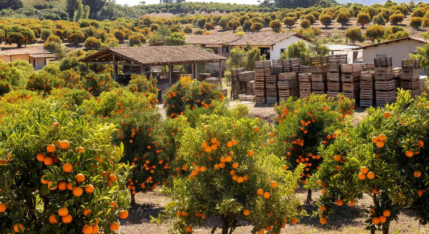 Pomar de laranjeiras no Brasil com frutas maduras e caixas, representando queda em estoques de suco de laranja e projeção de alta.