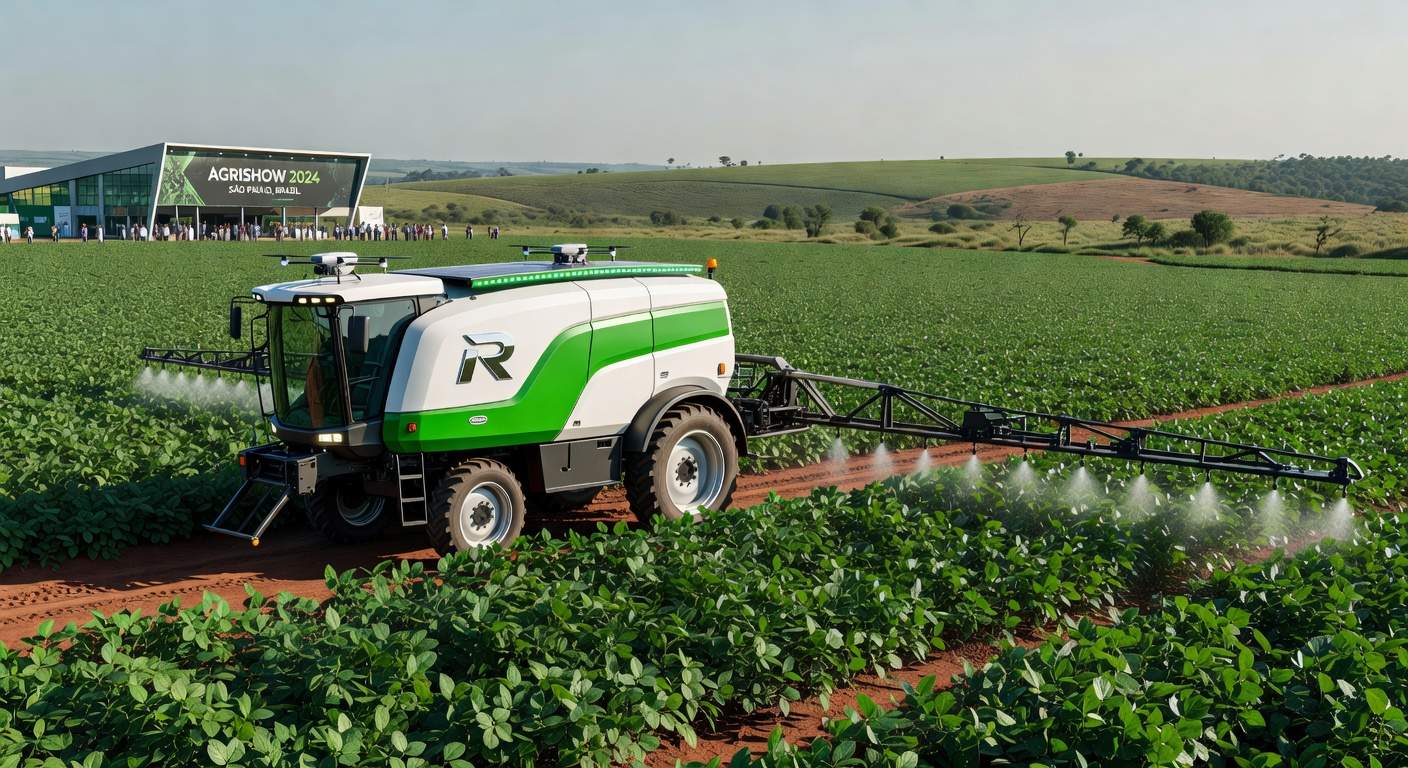 Pulverizador série R da Valtra com IA em campo de soja na Agrishow 2024, promovendo eficiência sustentável na agricultura brasileira.