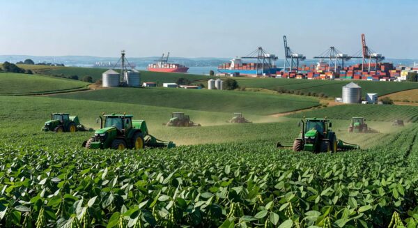 Campos de soja em São Paulo com porto de exportação ao fundo, representando crescimento de 167% nas exportações para China em 2023.