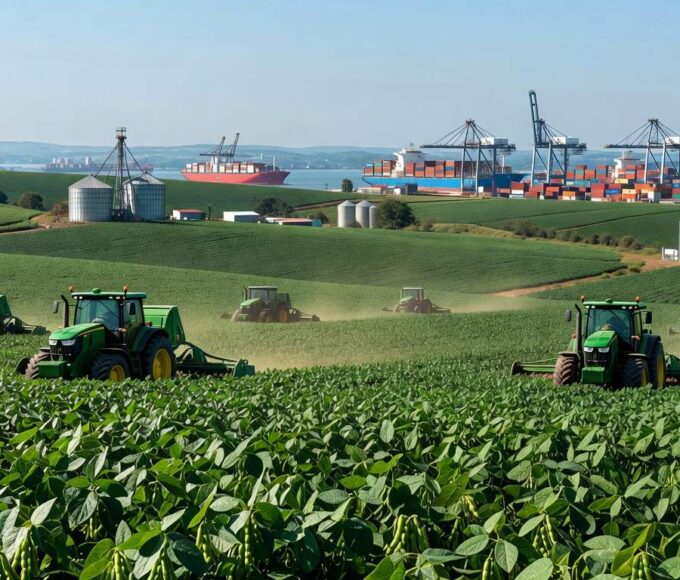 Campos de soja em São Paulo com porto de exportação ao fundo, representando crescimento de 167% nas exportações para China em 2023.