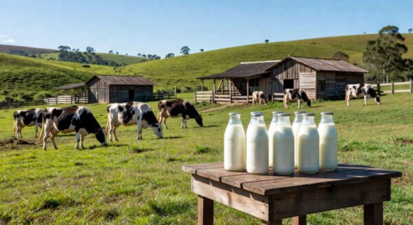 Fazenda leiteira em Minas Gerais com vacas pastando e garrafas de leite fresco, representando produtos de origem animal.