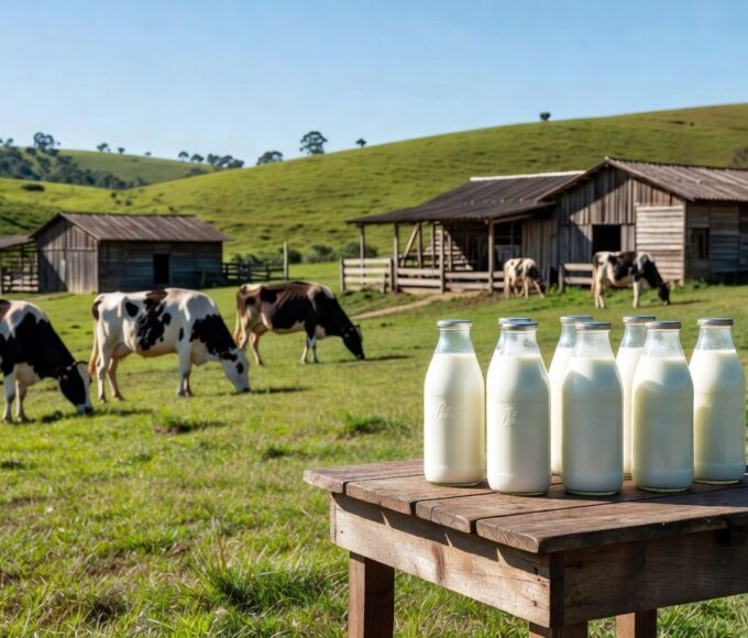 Fazenda leiteira em Minas Gerais com vacas pastando e garrafas de leite fresco, representando produtos de origem animal.
