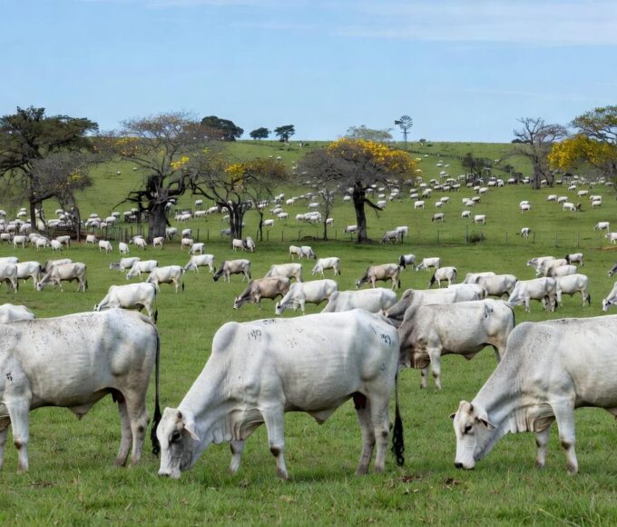 Rebanho de gado Nelore em fazenda brasileira, representando o legado na pecuária com 1 milhão de doses de sêmen.