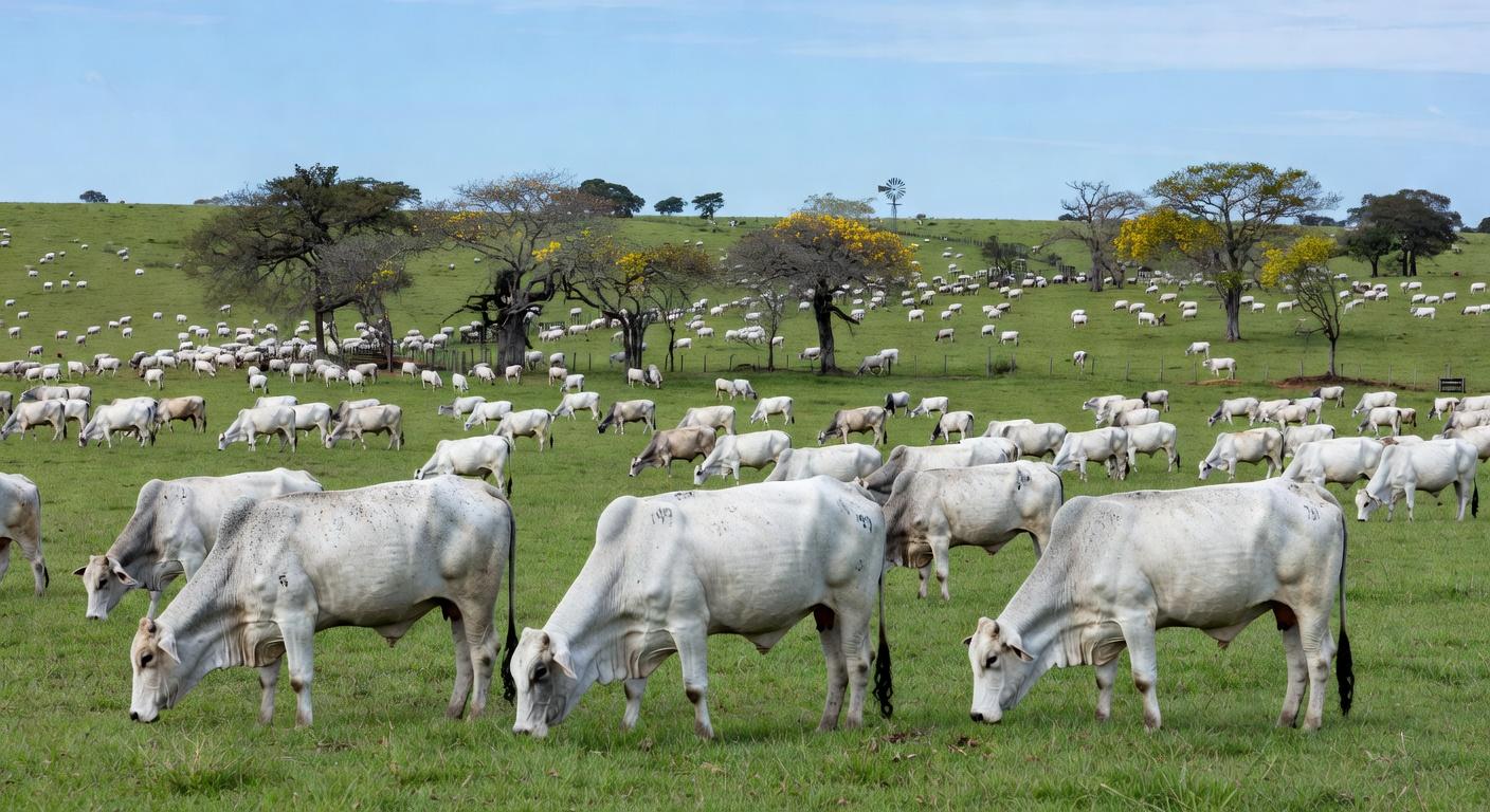 Rebanho de gado Nelore em fazenda brasileira, representando o legado na pecuária com 1 milhão de doses de sêmen.