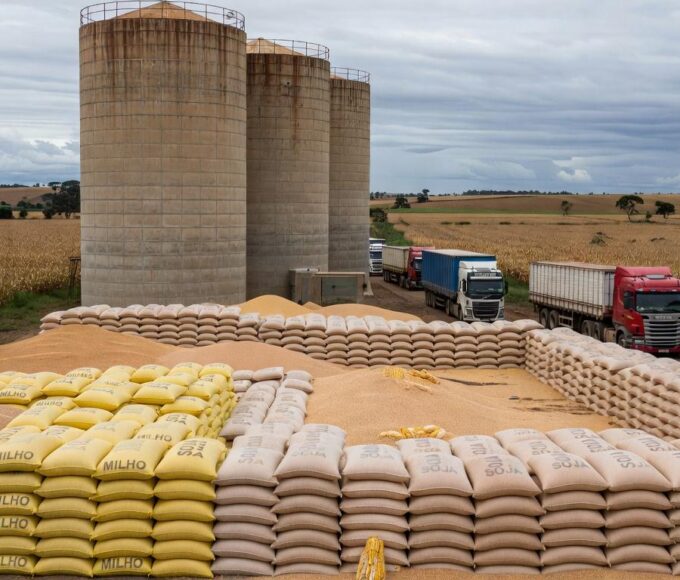 Silos de grãos lotados em Mato Grosso, com gargalo na armazenagem apesar de safra recorde.