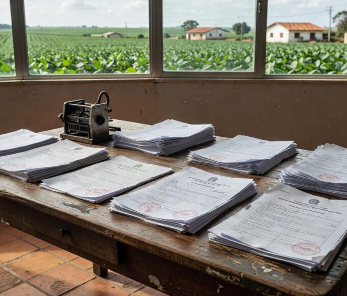 Mesa com documentos tributários em escritório rural brasileiro, ao fundo plantação de soja, representando lei complementar e Funrural.