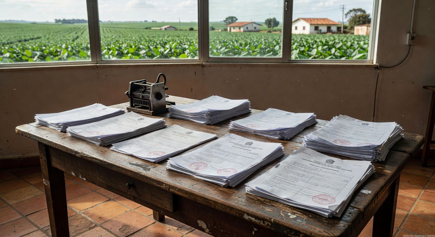 Mesa com documentos tributários em escritório rural brasileiro, ao fundo plantação de soja, representando lei complementar e Funrural.
