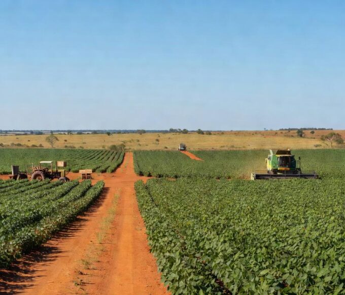 Plantação de soja em Tocantins, perpetuando legado familiar desde 1984, com campos verdes e máquinas agrícolas no Cerrado brasileiro.
