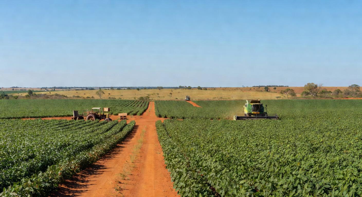 Plantação de soja em Tocantins, perpetuando legado familiar desde 1984, com campos verdes e máquinas agrícolas no Cerrado brasileiro.