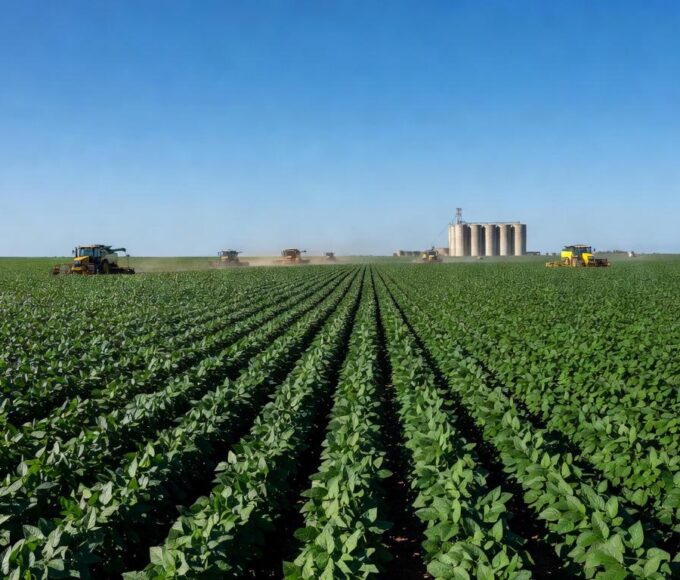 Plantação de soja no Brasil, simbolizando agronegócio e potencial mercado na Índia.