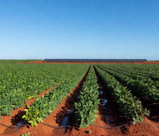 Plantação de soja sustentável no oeste da Bahia, destacando práticas ecológicas no Projeto Soja Brasil.