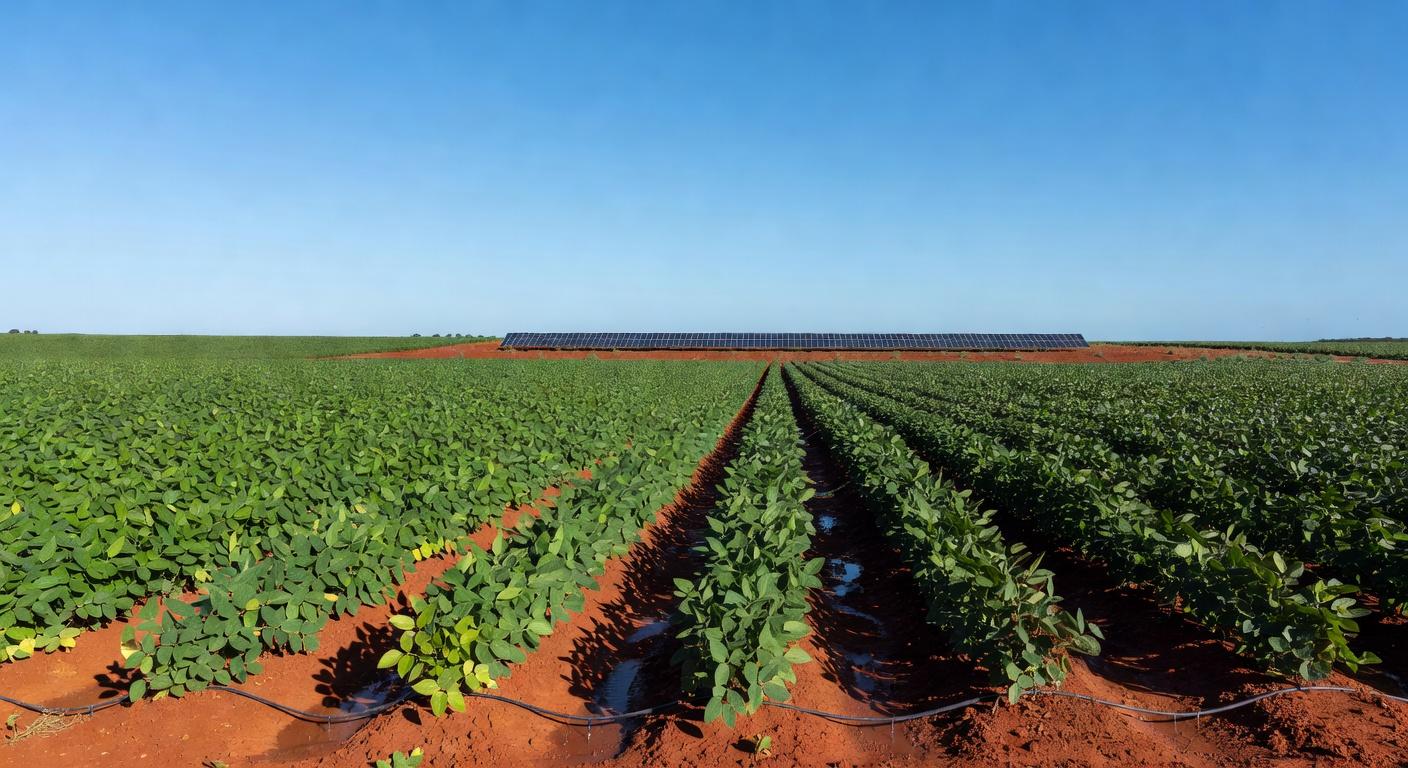 Plantação de soja sustentável no oeste da Bahia, destacando práticas ecológicas no Projeto Soja Brasil.