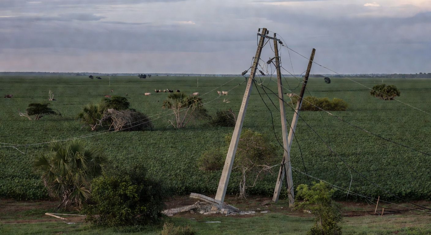 Paisagem rural brasileira com postes de energia danificados em plantação de soja, representando falhas no fornecimento.