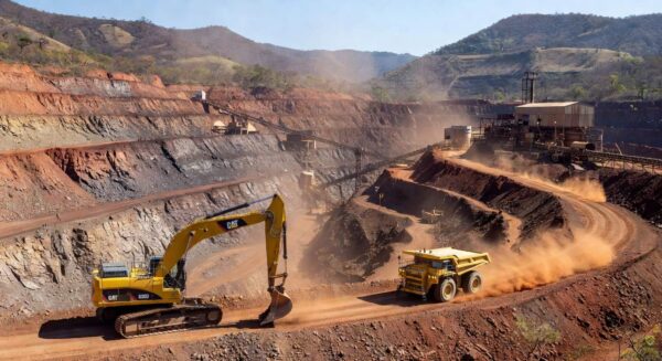 Mina a céu aberto em Minas Gerais com máquinas de mineração, representando acordo para proteção de gestantes contra ruídos.
